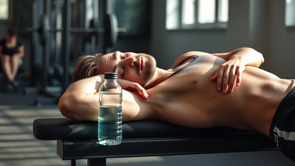 Person resting on a gym bench with water bottle nearby, peaceful expression, recovery mode, natural gym lighting, demonstrating the importance of rest days