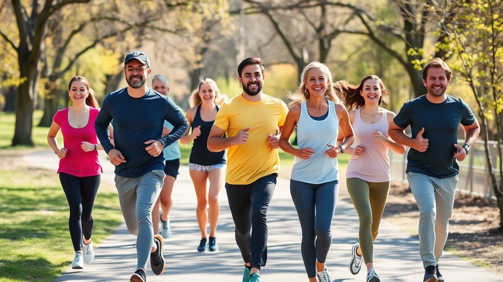 Group of diverse people jogging together outdoors on sunny trail, smiling, varied ages and fitness levels, natural park setting with trees