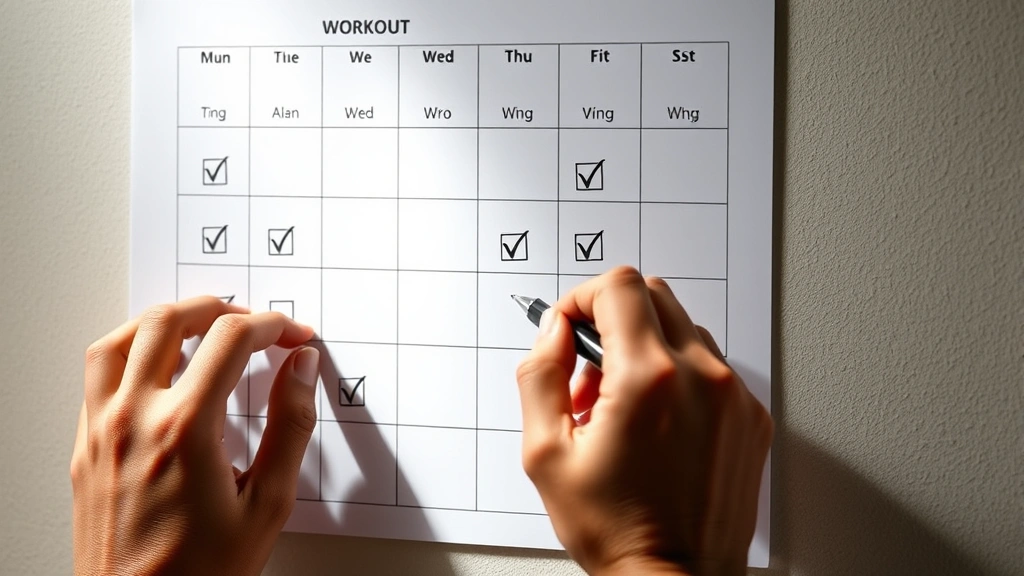 Close-up of hands checking off workout calendar on wall, pen in hand, multiple checkmarks visible, motivational but realistic, natural lighting