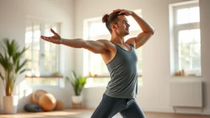 Person doing a morning stretching routine in a bright home gym, sunlight streaming through windows, relaxed focused expression, holding a stretch with proper form