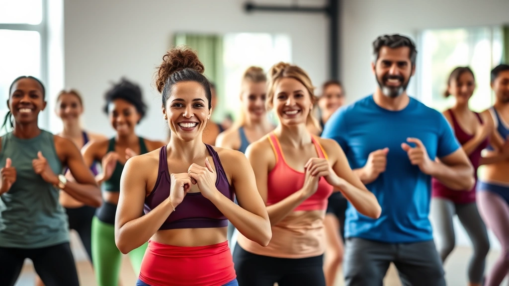 Group fitness class with diverse people working out together, genuinely smiling and motivated, mid-workout in a bright studio environment