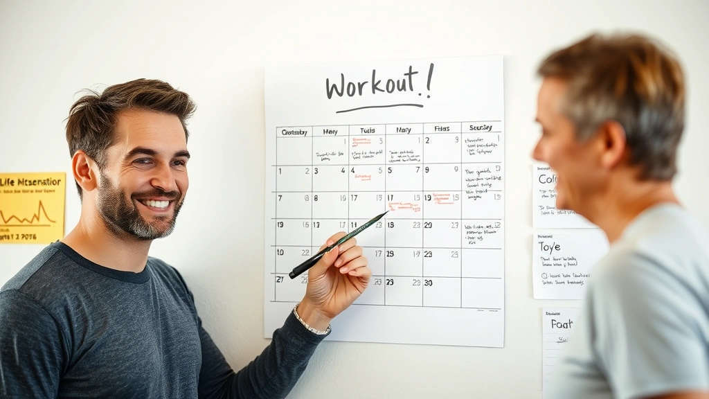 Someone checking off workout completion on a wall calendar, holding a pen, satisfied expression, surrounded by other life activities and balance indicators