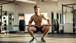 Athletic person performing a proper barbell squat in a clean gym setting, showing good form and posture, natural lighting, motivational but realistic atmosphere