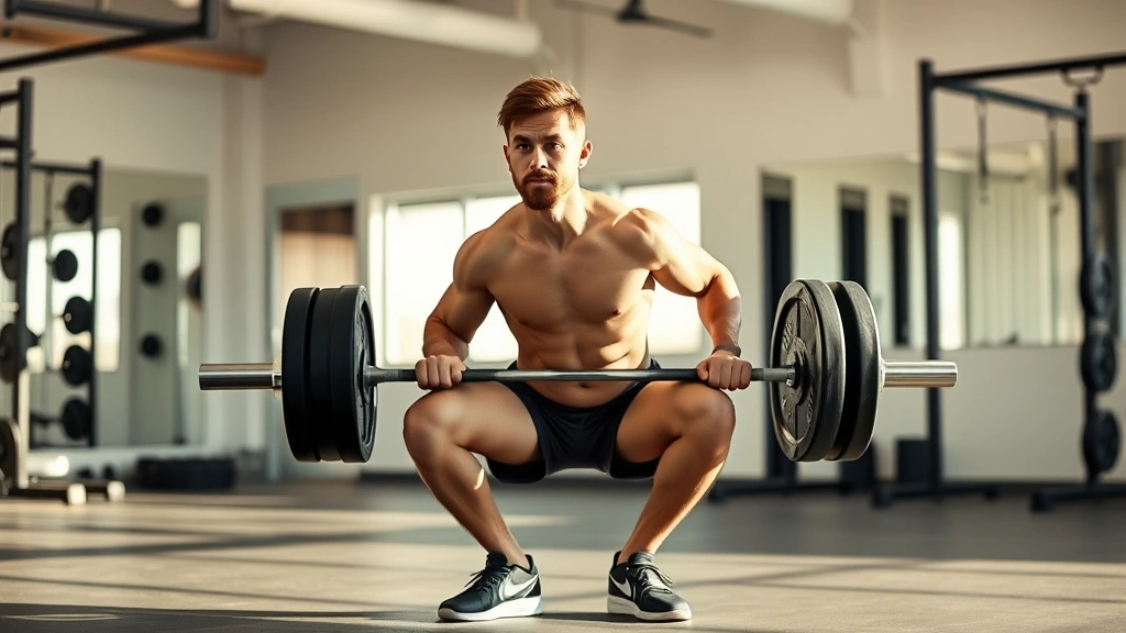 Athletic person performing a proper barbell squat in a clean gym setting, showing good form and posture, natural lighting, motivational but realistic atmosphere