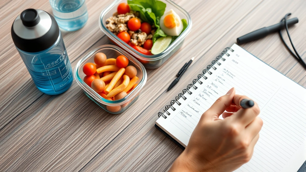 Close-up of someone tracking their workout in a notebook alongside water bottle and healthy meal prep containers, organized and focused on fitness fundamentals