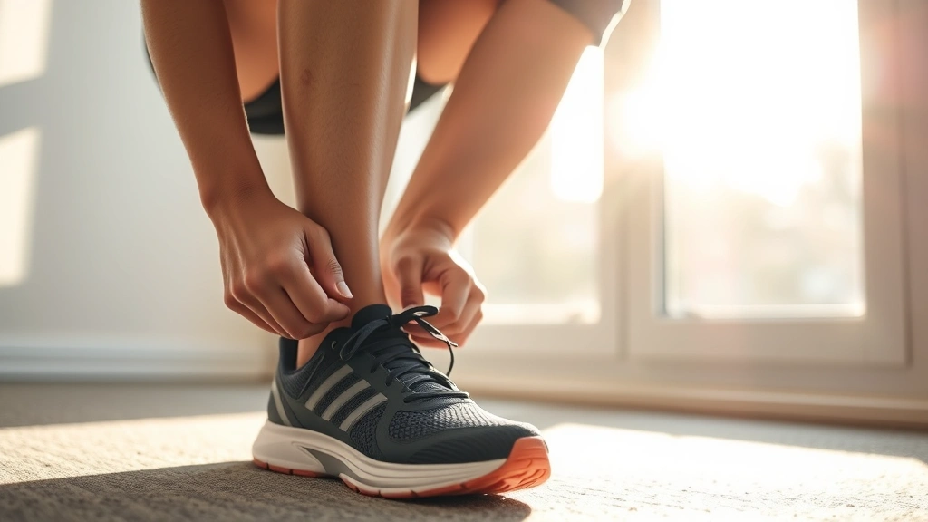 Person tying athletic shoes before a morning workout, focused and determined expression, natural sunlight streaming through window, showing preparation and readiness