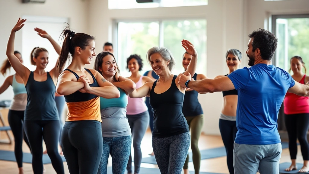 Group of diverse people stretching together after a workout class, smiling and chatting, supportive community atmosphere, natural gym or studio setting