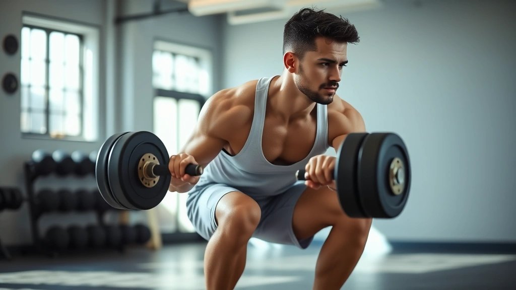 Athletic person performing a dumbbell squat in a bright gym with natural light, focused expression, mid-movement, showing proper form and engagement