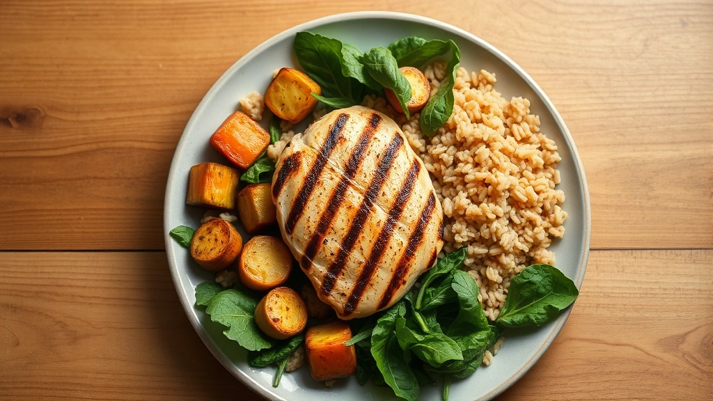 Overhead shot of a balanced meal plate with grilled chicken breast, brown rice, roasted vegetables and leafy greens on a wooden table