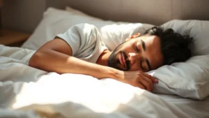 Person sleeping peacefully in morning sunlight on comfortable bed with white sheets, looking fully rested and relaxed