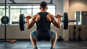 Person performing a barbell back squat with proper form in a well-lit gym setting, natural lighting, focused expression, professional athletic wear