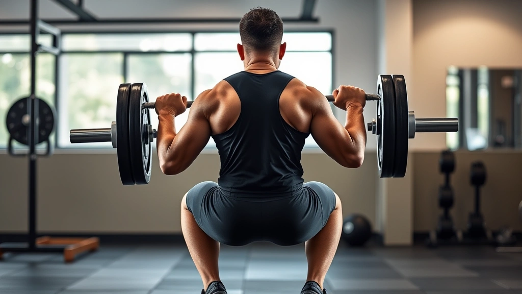 Person performing a barbell back squat with proper form in a well-lit gym setting, natural lighting, focused expression, professional athletic wear