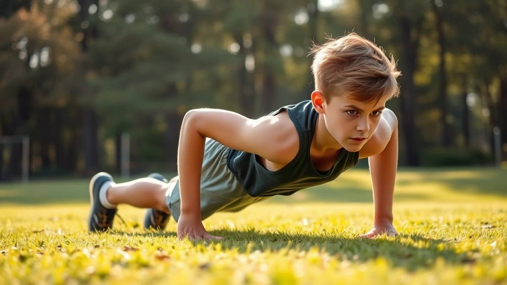 Young athlete doing push-ups outdoors on grass with trees in background, morning sunlight, determined posture, natural environment