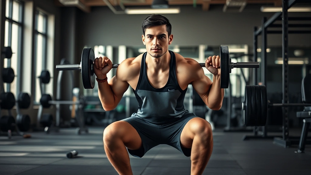 Fit person doing weighted squats in a modern gym with natural lighting, focused expression, mid-rep motion, athletic wear, no logos visible