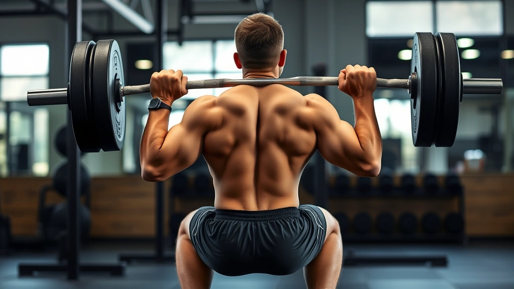Person performing a barbell back squat with excellent form in a well-lit gym, showing controlled depth and neutral spine, muscular physique