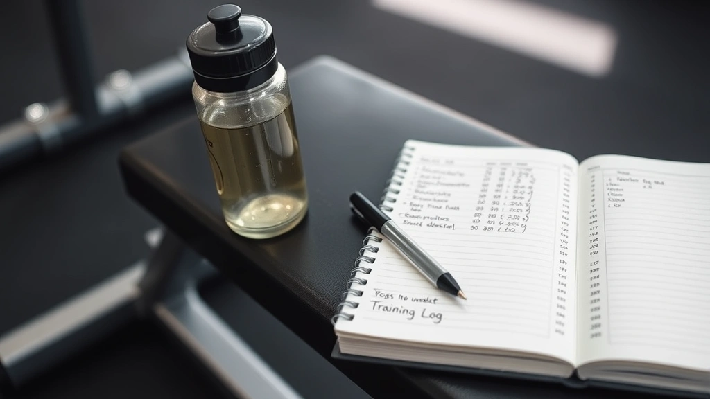 Gym notebook or training log with handwritten workout data, pen, and water bottle on a gym bench, showing progress tracking