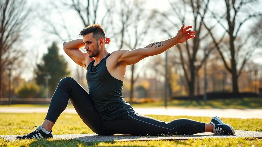 Athlete doing dynamic stretching or mobility work outdoors, flexible movement, warm sunlight, demonstrating active recovery and movement quality