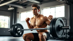 Person performing a barbell squat with perfect form in a well-lit gym, muscles engaged, focused expression, natural lighting from windows