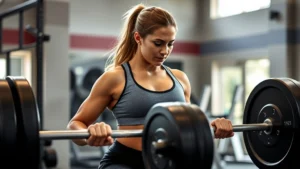 Athletic woman performing a deadlift with proper form in a gym setting, focused expression, natural lighting highlighting muscle engagement and movement quality