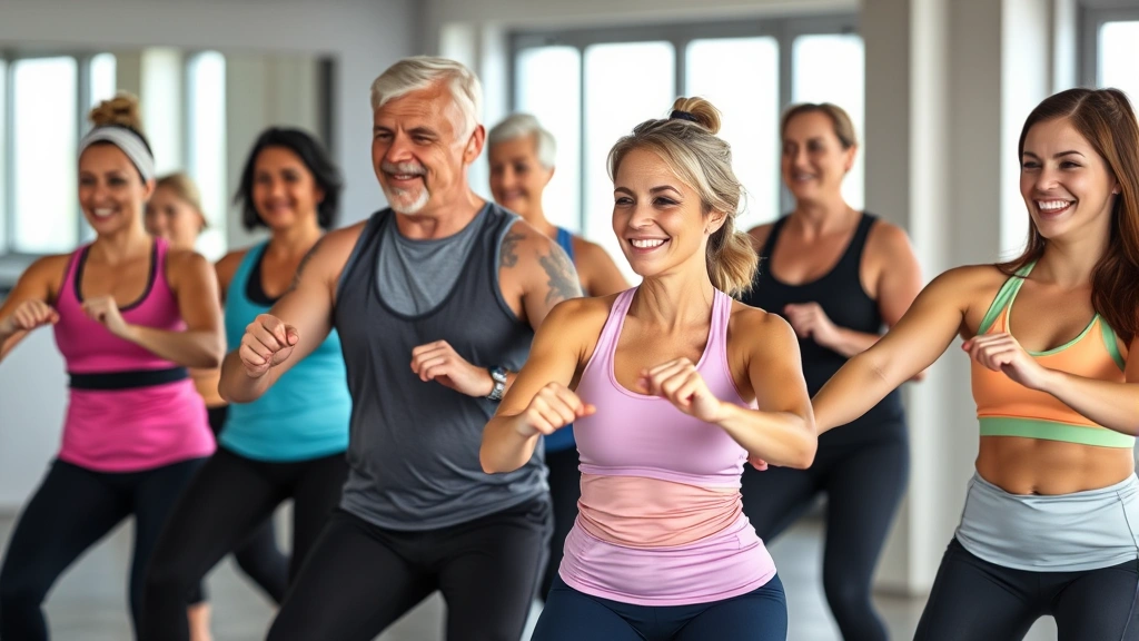 Mixed group of people of different ages and body types doing a group fitness class together, smiling and engaged, showing community and consistency in training