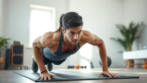 Person doing a perfect push-up form in a bright home gym with minimal equipment, natural sunlight, focused expression, athletic wear, clean minimalist background