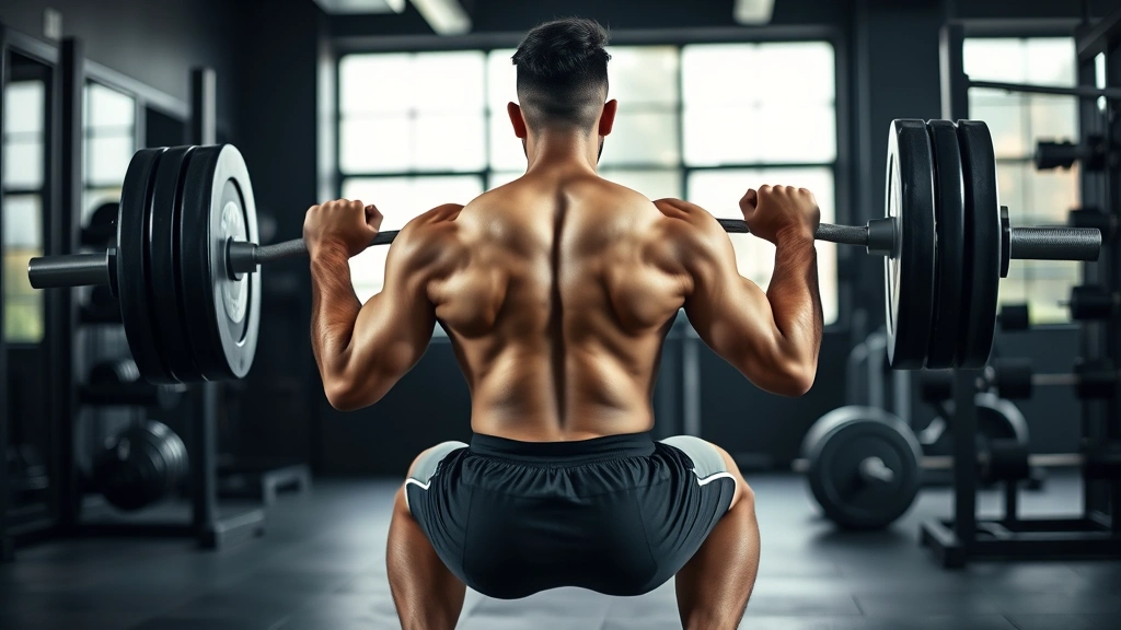 A fit athlete performing a barbell back squat with perfect form in a modern gym, strong posture, focused expression, natural lighting, no text visible