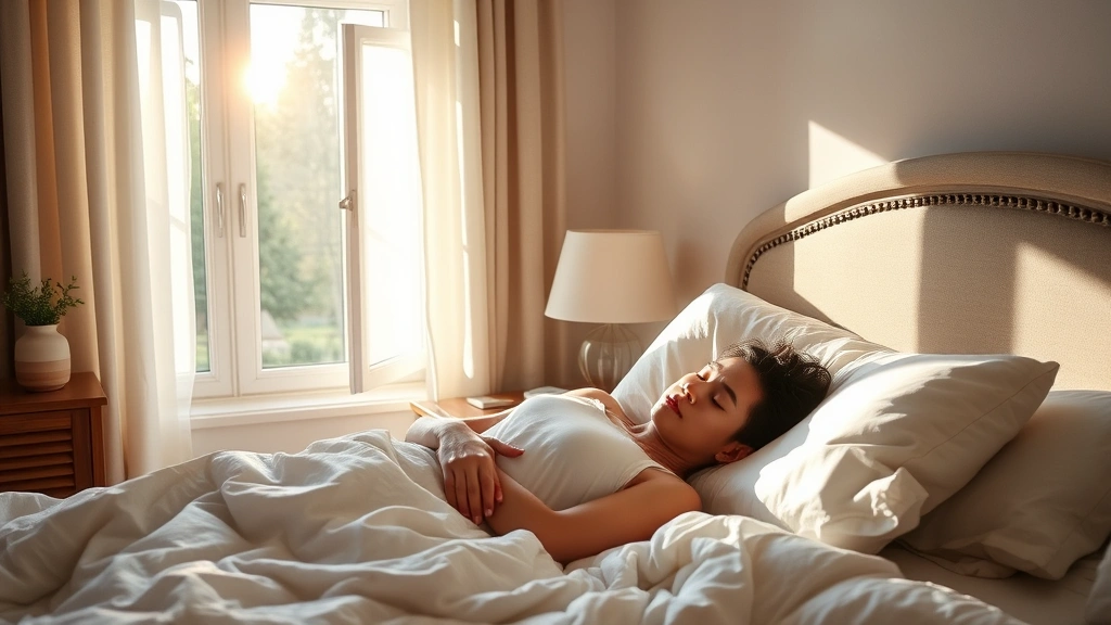 Person sleeping peacefully in bed with morning sunlight streaming through window, relaxed posture, cozy bedroom environment, peaceful atmosphere