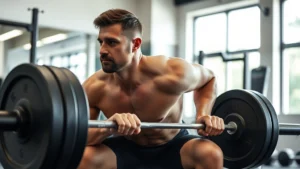 Fit 45-year-old man performing a controlled barbell squat in a well-lit gym, focused expression, proper form with full depth, natural lighting, gym environment