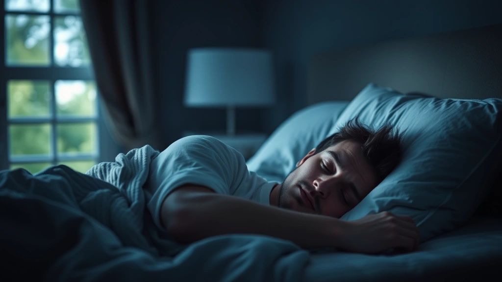 Person sleeping peacefully in a dimly lit bedroom with soft natural light from window, appearing deeply rested and relaxed