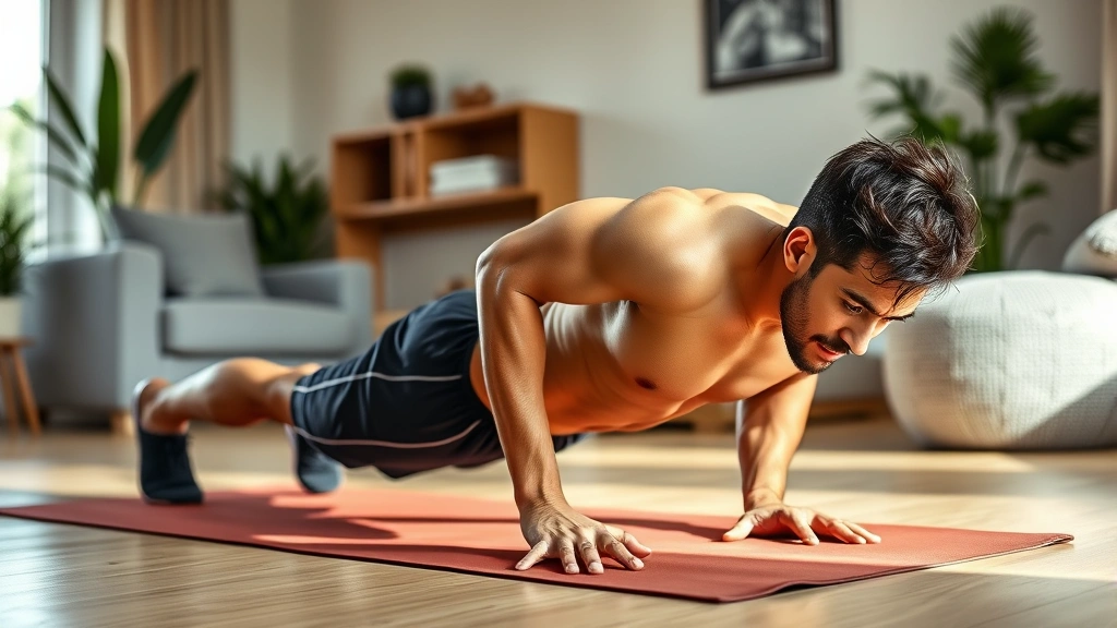 Athletic person doing push-ups on a yoga mat in a bright home living room, focusing on proper form and core engagement
