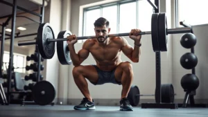 Athletic person performing a barbell squat with proper form in a modern gym, showing full range of motion with controlled descent, natural lighting highlighting muscle engagement