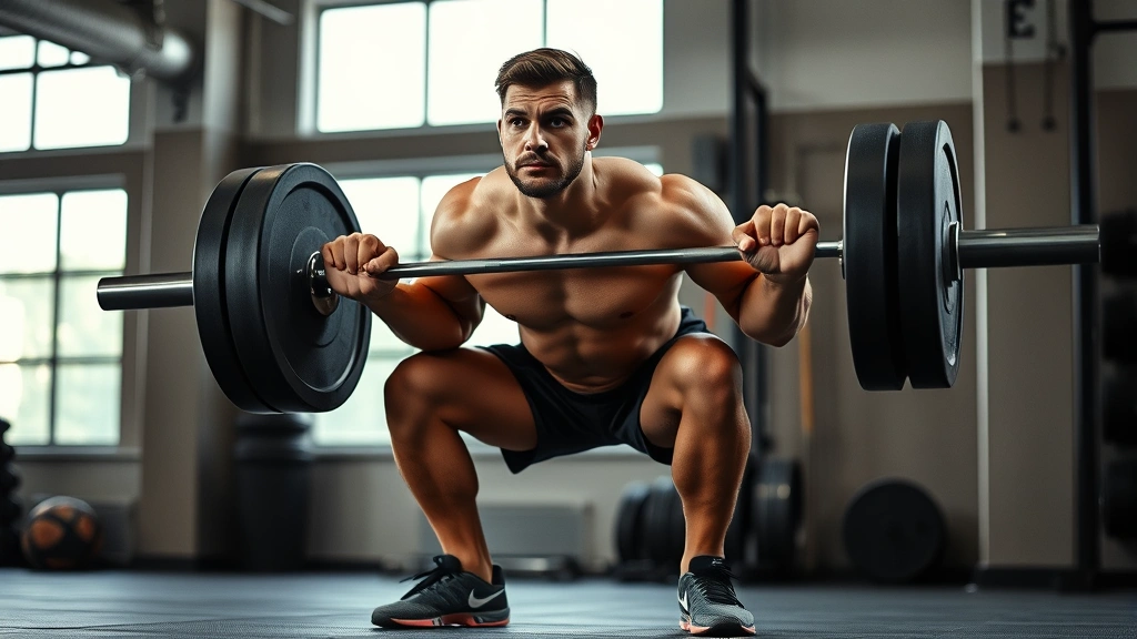 Athletic person performing a heavy barbell squat in a well-lit gym, focused expression, demonstrating proper form with feet shoulder-width apart and engaged core