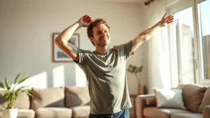 Person stretching at home in morning sunlight, natural movement, relaxed expression, bright living room background