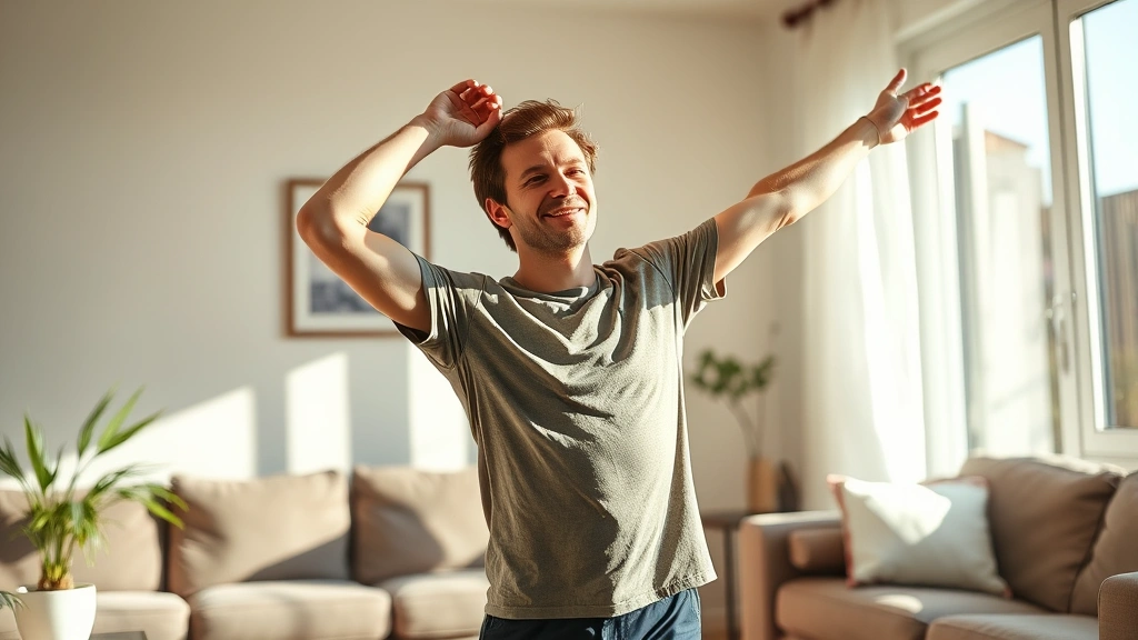 Person stretching at home in morning sunlight, natural movement, relaxed expression, bright living room background