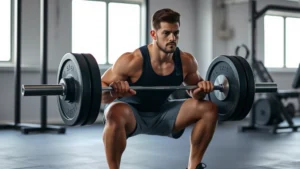 Athletic person performing a barbell squat in a gym with proper form, focused expression, natural lighting from gym windows, no text or numbers visible