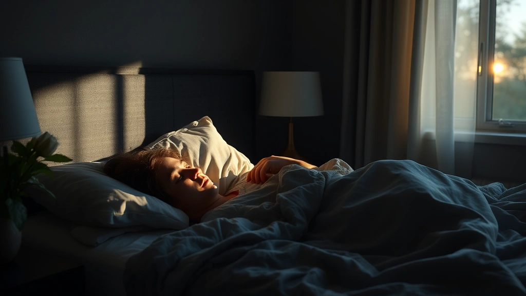 Someone sleeping peacefully in a dark bedroom, morning sunlight peeking through curtains, serene and restful atmosphere, photorealistic