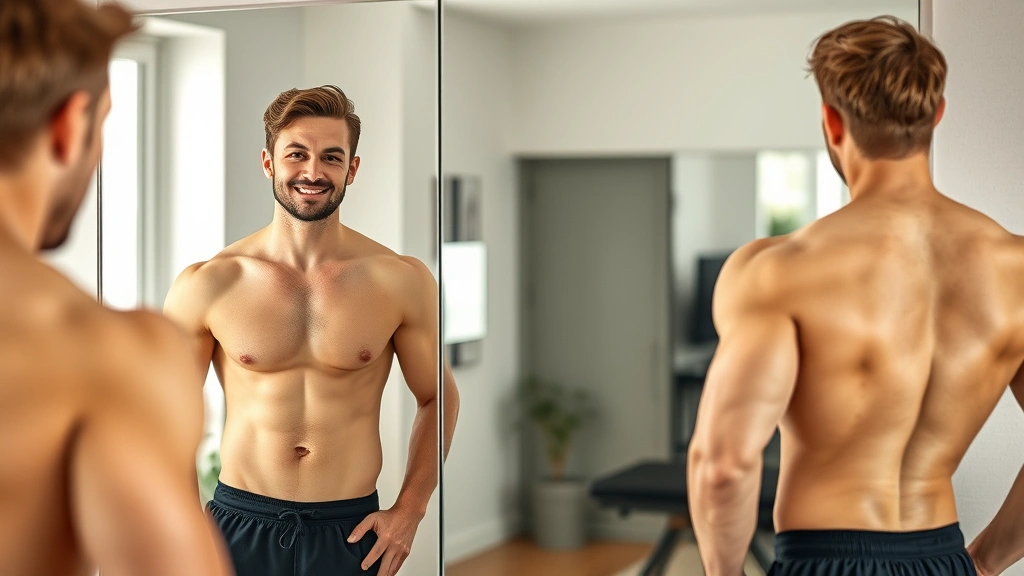 Fit individual checking their physique in a mirror with a satisfied expression, natural gym or home setting, showing body composition changes, no mirrors with text