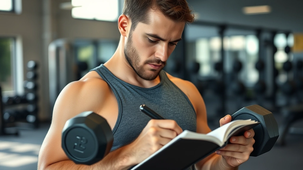 Person in a gym setting writing workout notes in a training journal while holding dumbbells, focused and determined expression, natural gym lighting, athletic wear