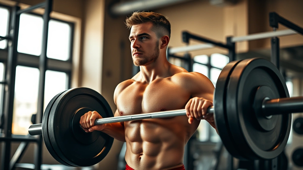 Fit individual performing a controlled deadlift with proper form, mid-lift, professional gym setting with natural lighting, concentration on face, strong posture