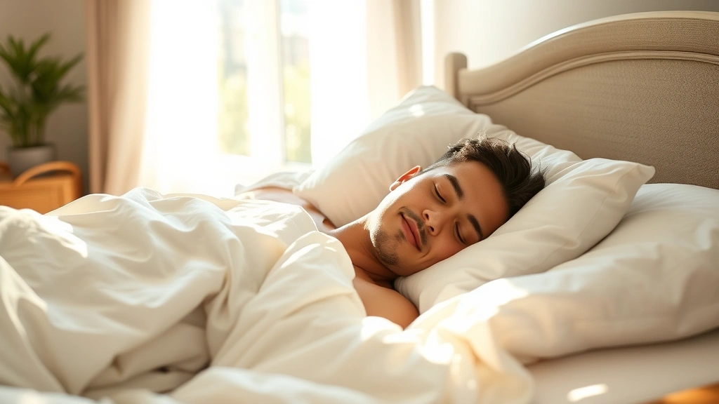 Someone sleeping peacefully in bed during daytime with sunlight from window, looking restful and recovered, peaceful bedroom environment, natural light
