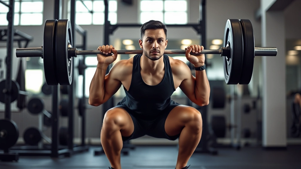 Person doing a compound barbell squat with perfect form in a modern gym, natural lighting, focused expression, athletic wear, clean gym environment
