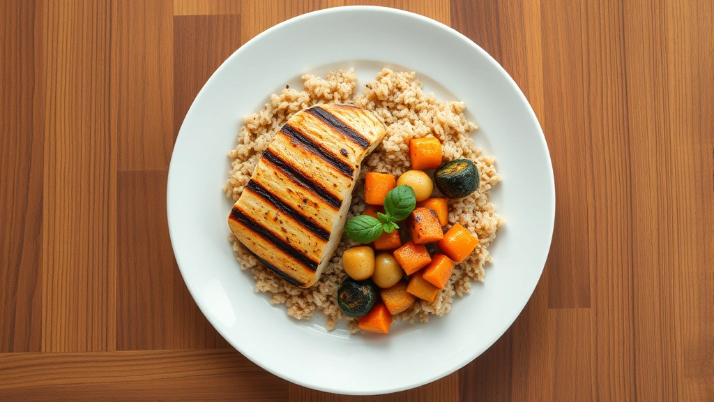 Overhead view of a balanced meal plate with grilled chicken breast, brown rice, and roasted vegetables on a white plate, wooden table background
