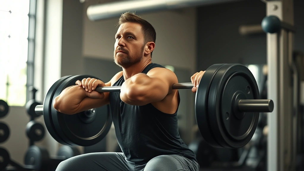 A mature man in a gym performing a barbell back squat with perfect form, confident expression, natural gym lighting, focused intensity without strain