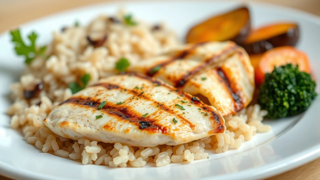 Close-up of a balanced meal plate with grilled chicken breast, brown rice, and roasted vegetables, natural daylight, fresh and appetizing presentation