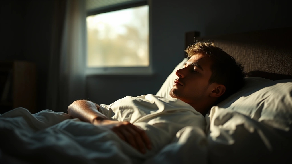 An older athlete sleeping peacefully in a dark bedroom with white sheets, peaceful expression, morning light just starting to come through window