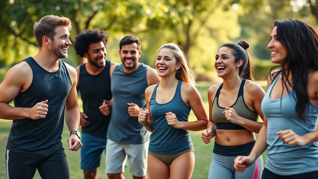 Diverse group of friends laughing together during an outdoor workout session, supportive community fitness atmosphere, natural energy