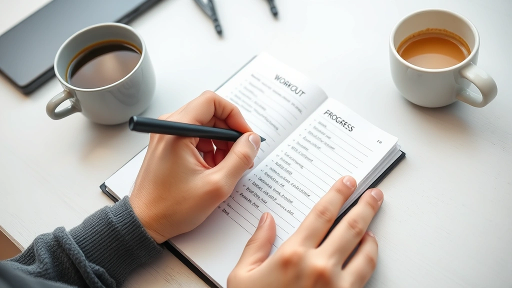Close-up of hands writing workout progress in a journal with coffee nearby, tracking fitness achievements, motivational workspace setup