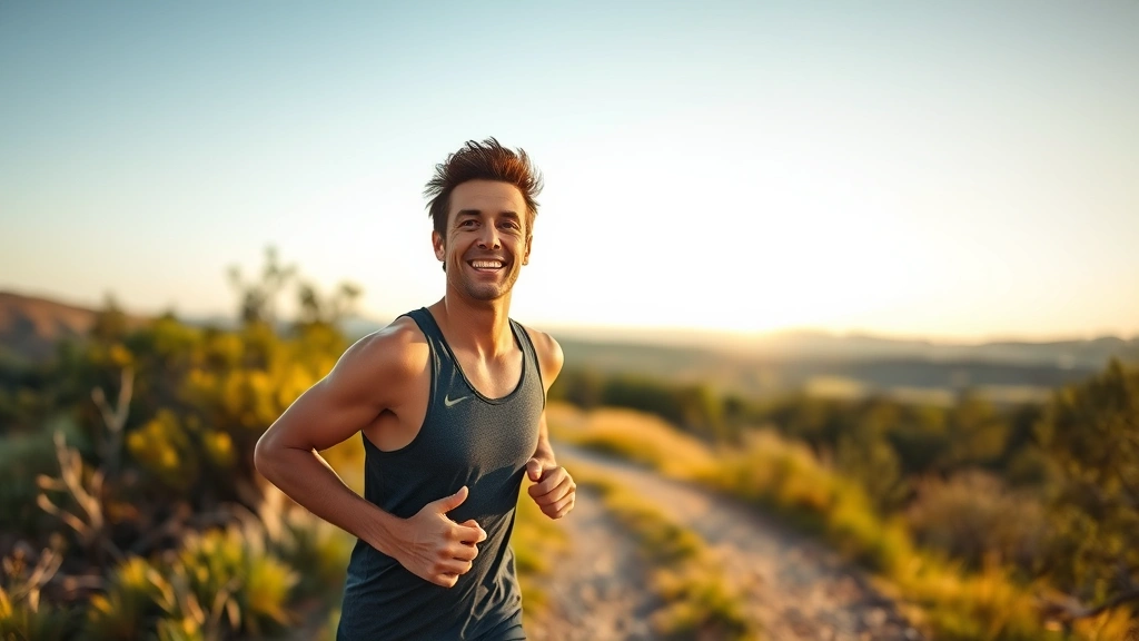 Athlete running outdoors on a scenic trail with natural landscape, early morning light, genuinely focused expression, active lifestyle