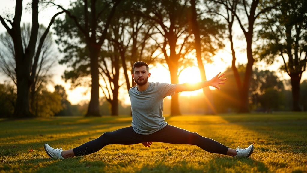 A person stretching outdoors at sunrise in a peaceful park setting, calm expression, surrounded by trees and nature, representing recovery and sustainable long-term fitness approach