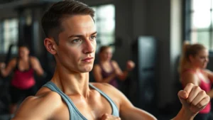 Person in gym wearing comfortable workout clothes, focused expression, mid-set on strength exercise, natural lighting, sweat visible, determined but relaxed posture